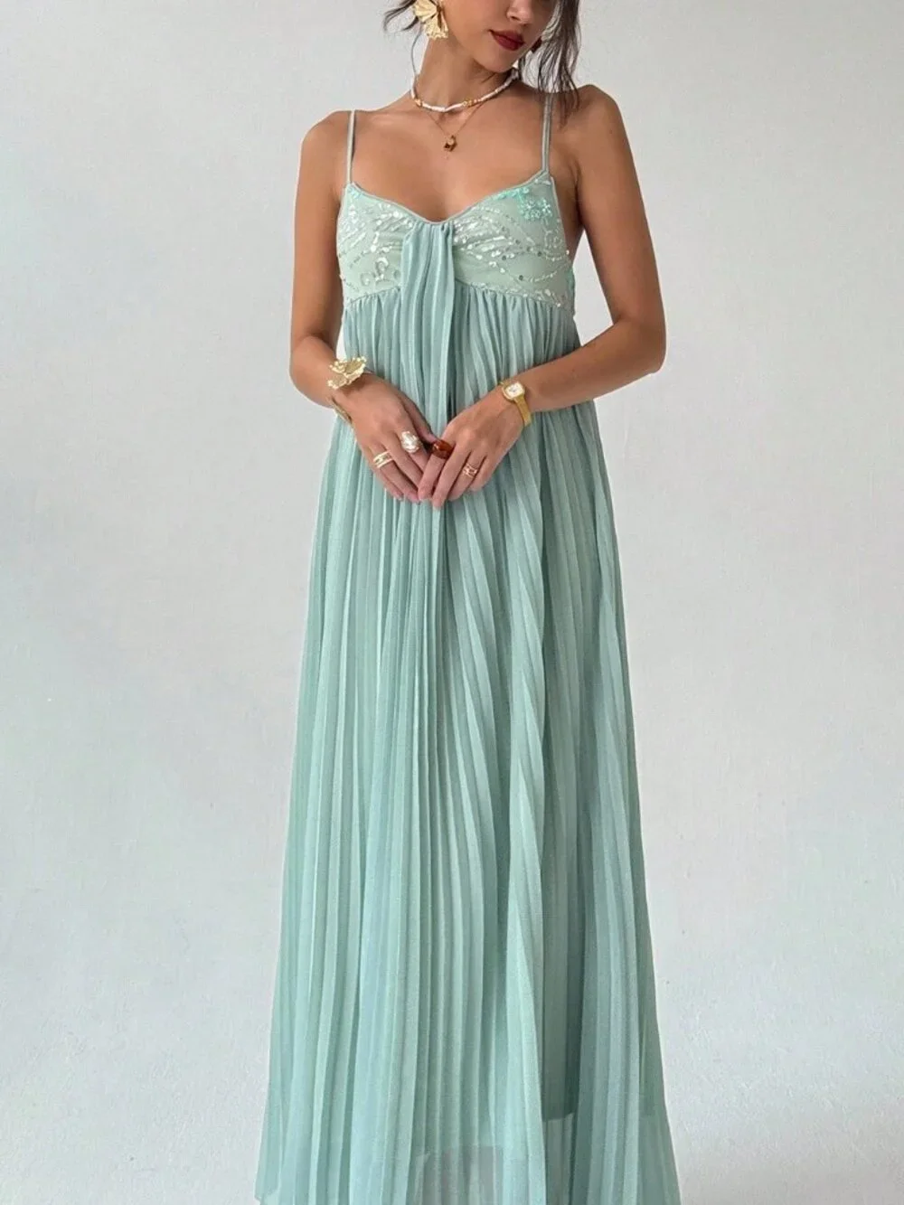 Baby Blue Casual Women's A-Line Sleeveless Cocktail Dress with Sequined Trim_3